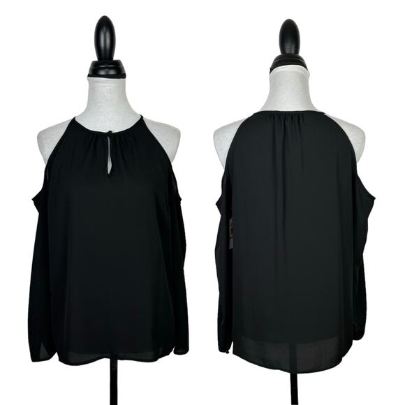 1.State | NWT Winter Garden Rich Black Cold Shoulder Lightweight Flowing Blouse - Picture 3 of 12